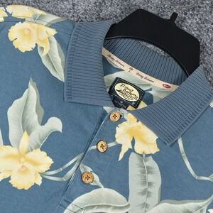 Tommy Bahama Relax Mens Medium Blue Yellow Floral Orchid Cotton Polo Shirt